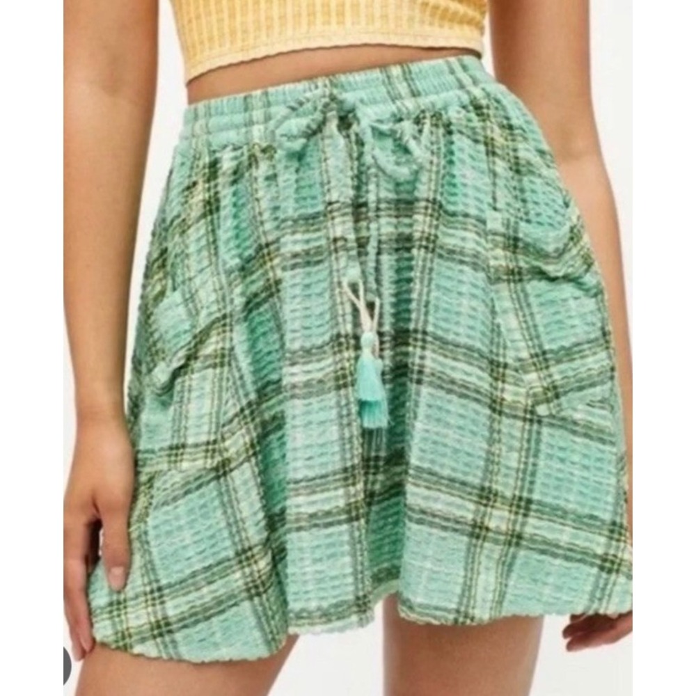 Urban Outfitters Plaid Mini Skirt Green Boho Tassel Flow Coastal Indie Festival